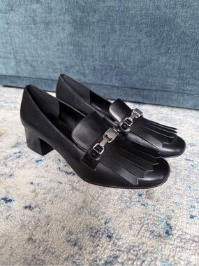 BNIB Michael Kors Black Leather Fringe Block Heel Loafers with Silver Chain